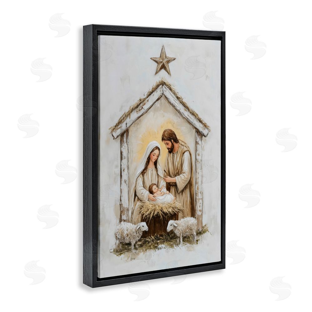 Petal Prints Design Little Lambs & Nativity Black Floating Frame Canvas Wall Art Print