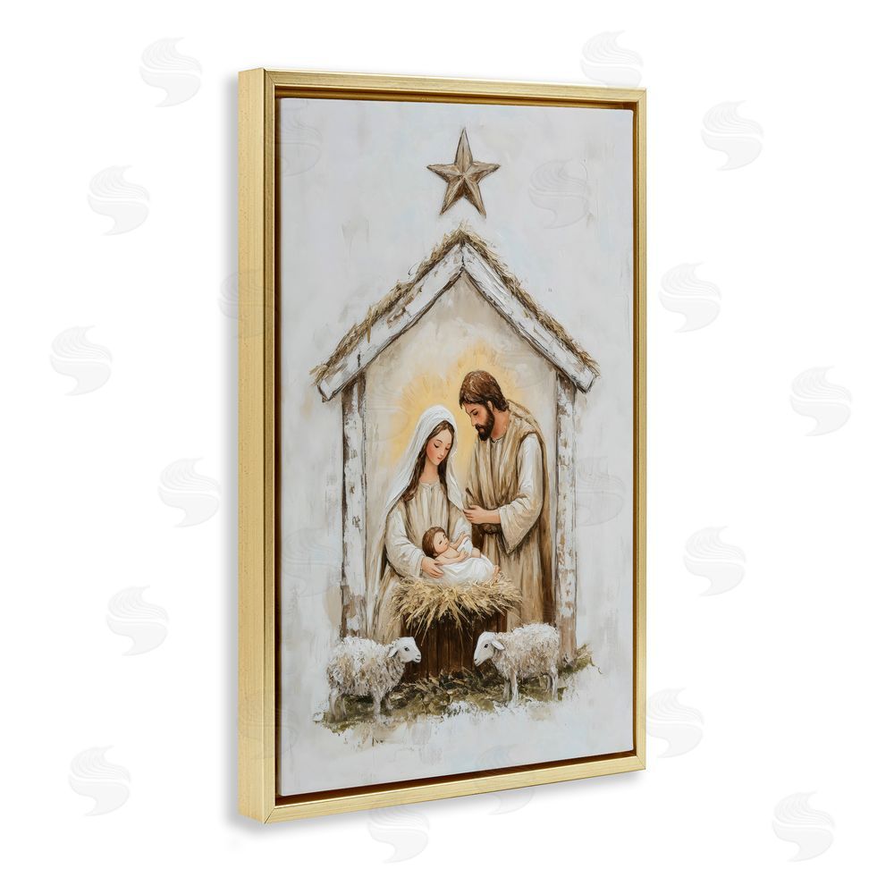 Petal Prints Design Little Lambs & Nativity Gold Floating Frame Canvas Wall Art Print