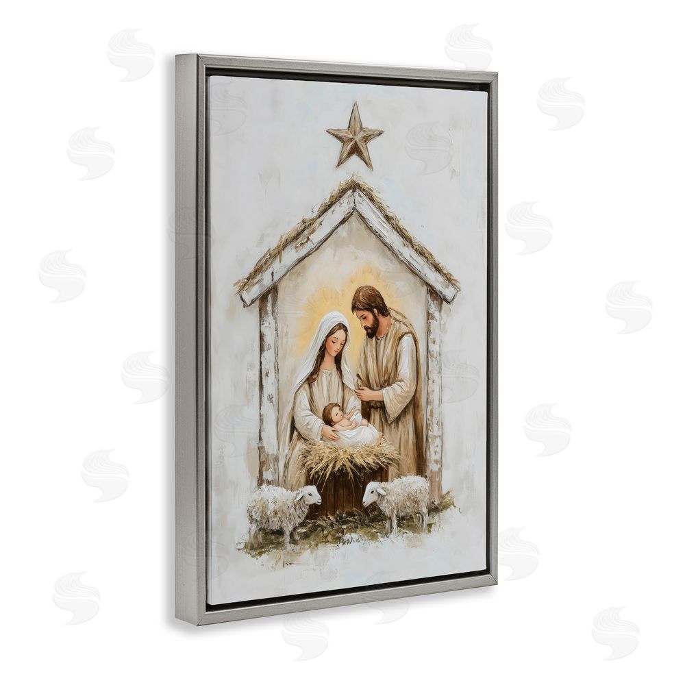 Petal Prints Design Little Lambs & Nativity Gray Floating Frame Canvas Wall Art Print