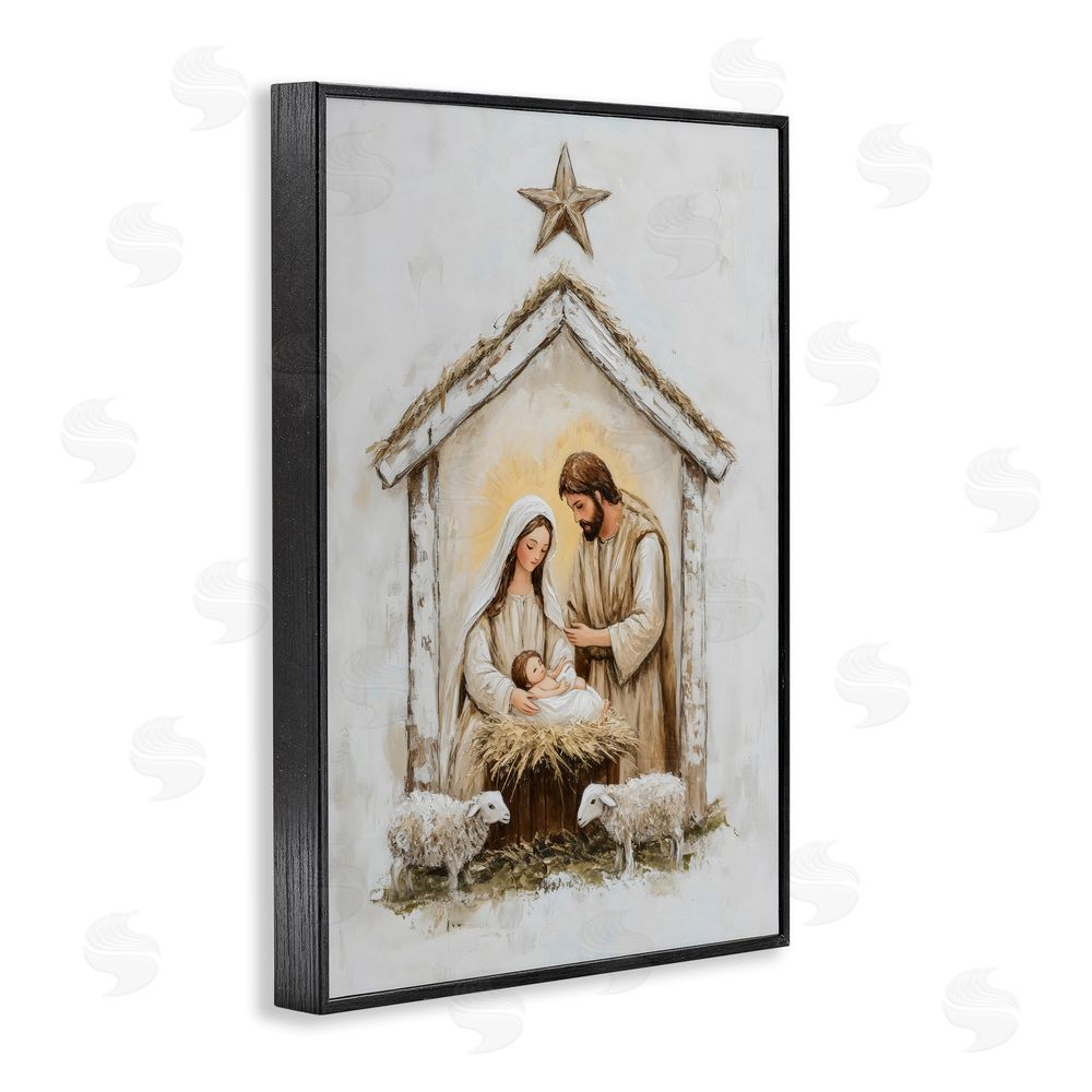 Petal Prints Design Little Lambs & Nativity Black Framed Giclee Print Wall Art