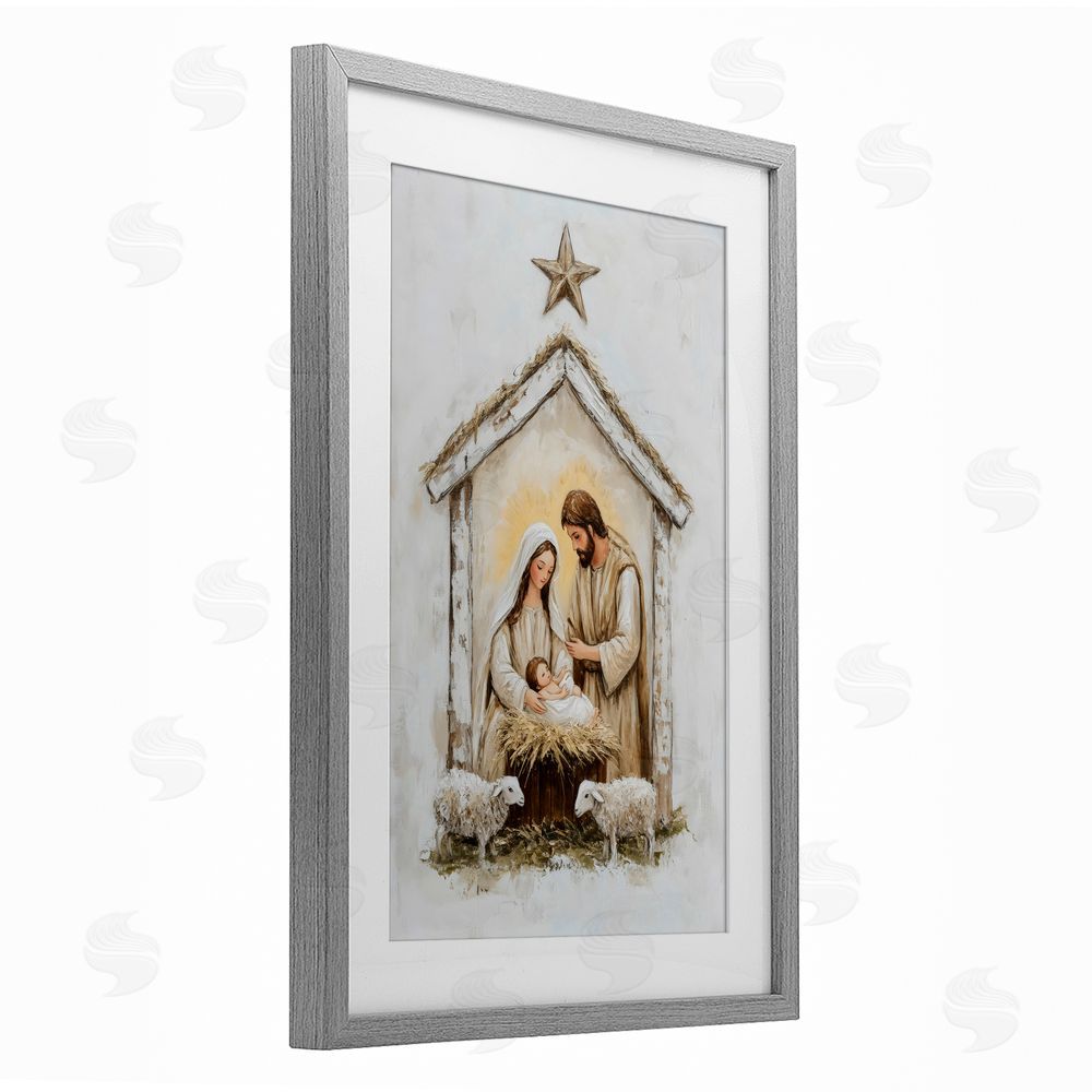 Petal Prints Design Little Lambs & Nativity Gray Framed Print Under Glass Wall Art