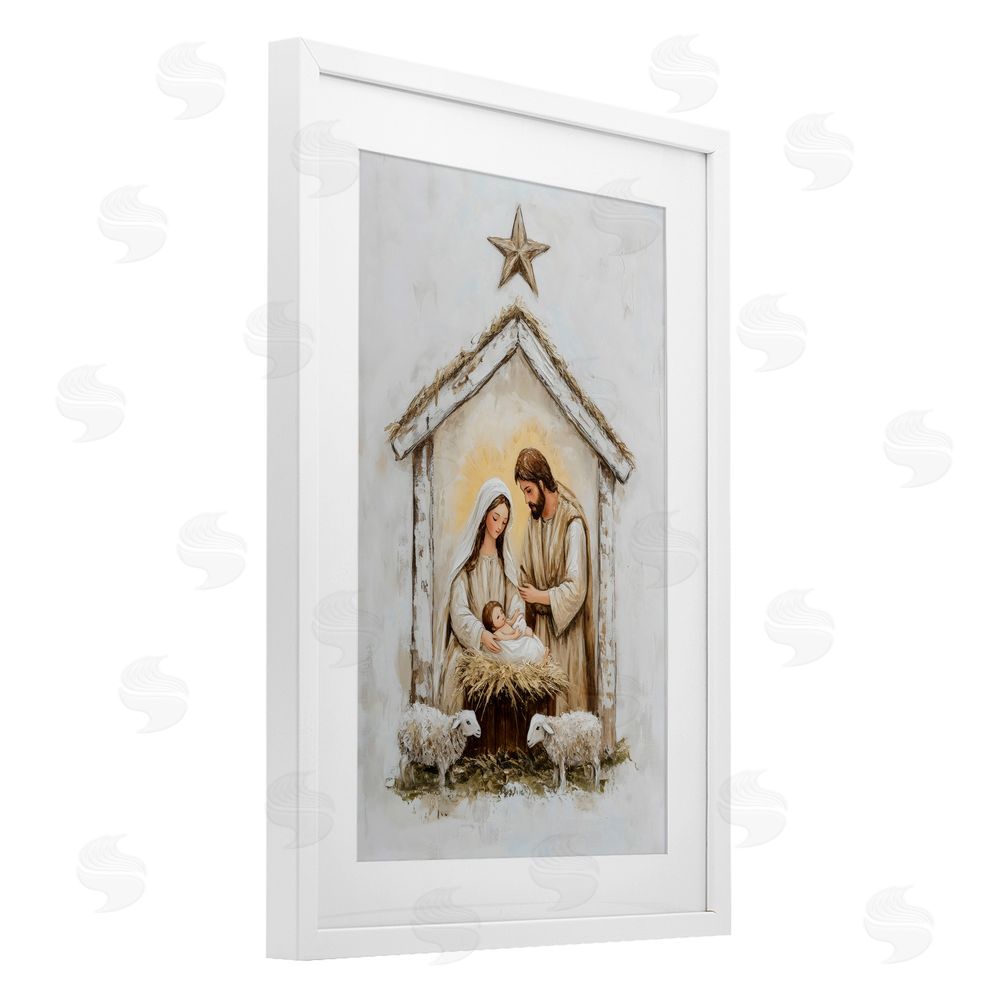 Petal Prints Design Little Lambs & Nativity White Framed Print Under Glass Wall Art