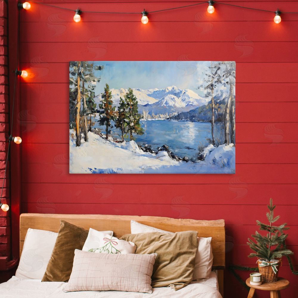 Petal Prints Design Winter Mountain Lake Stretched Canvas Wall Art Print in Room