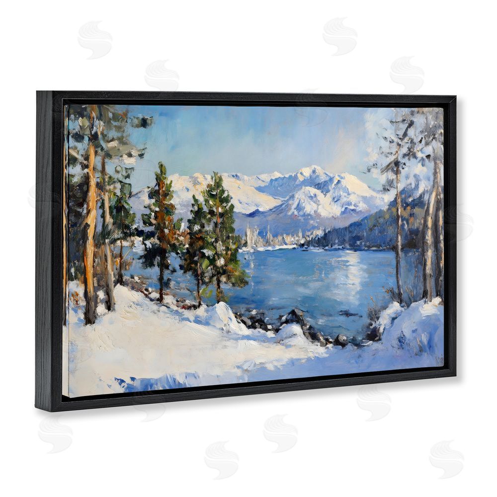 Petal Prints Design Winter Mountain Lake Black Floating Frame Canvas Wall Art Print