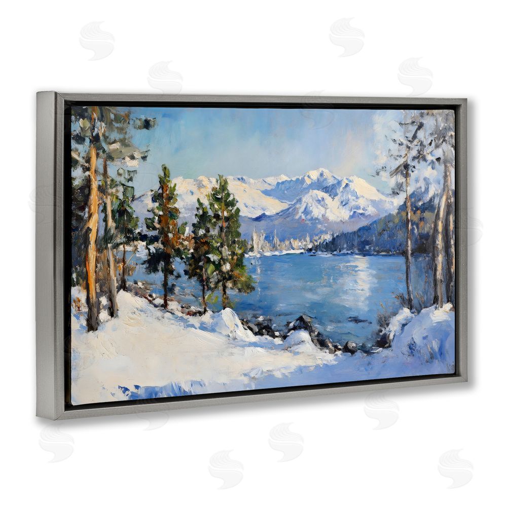 Petal Prints Design Winter Mountain Lake Gray Floating Frame Canvas Wall Art Print