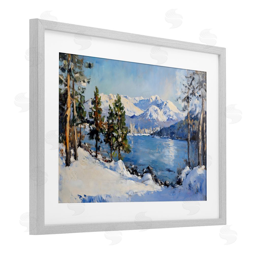 Petal Prints Design Winter Mountain Lake Gray Framed Print Under Glass Wall Art