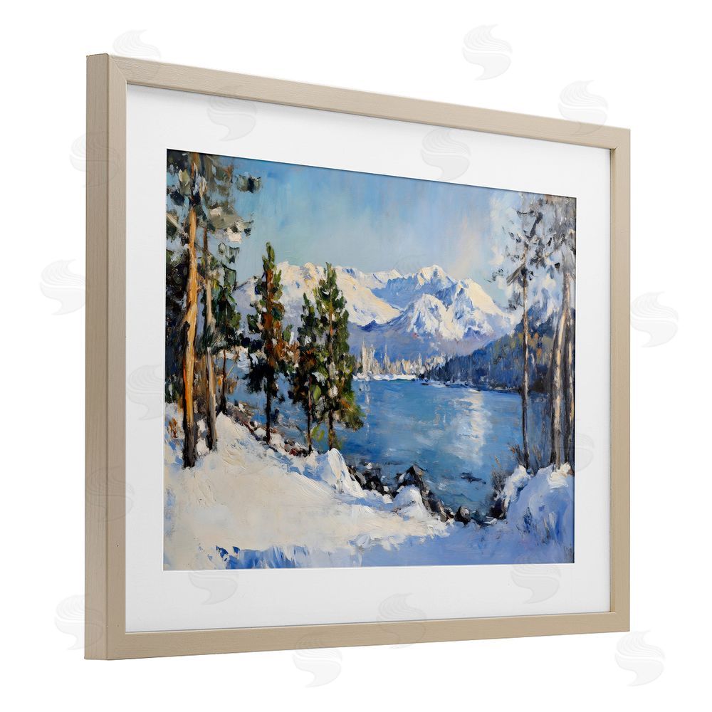 Petal Prints Design Winter Mountain Lake Brown Framed Print Under Glass Wall Art
