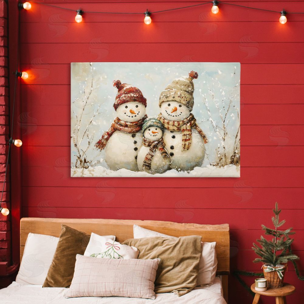 Petal Prints Design Snowman Family Of Three Stretched Canvas Wall Art Print in Room