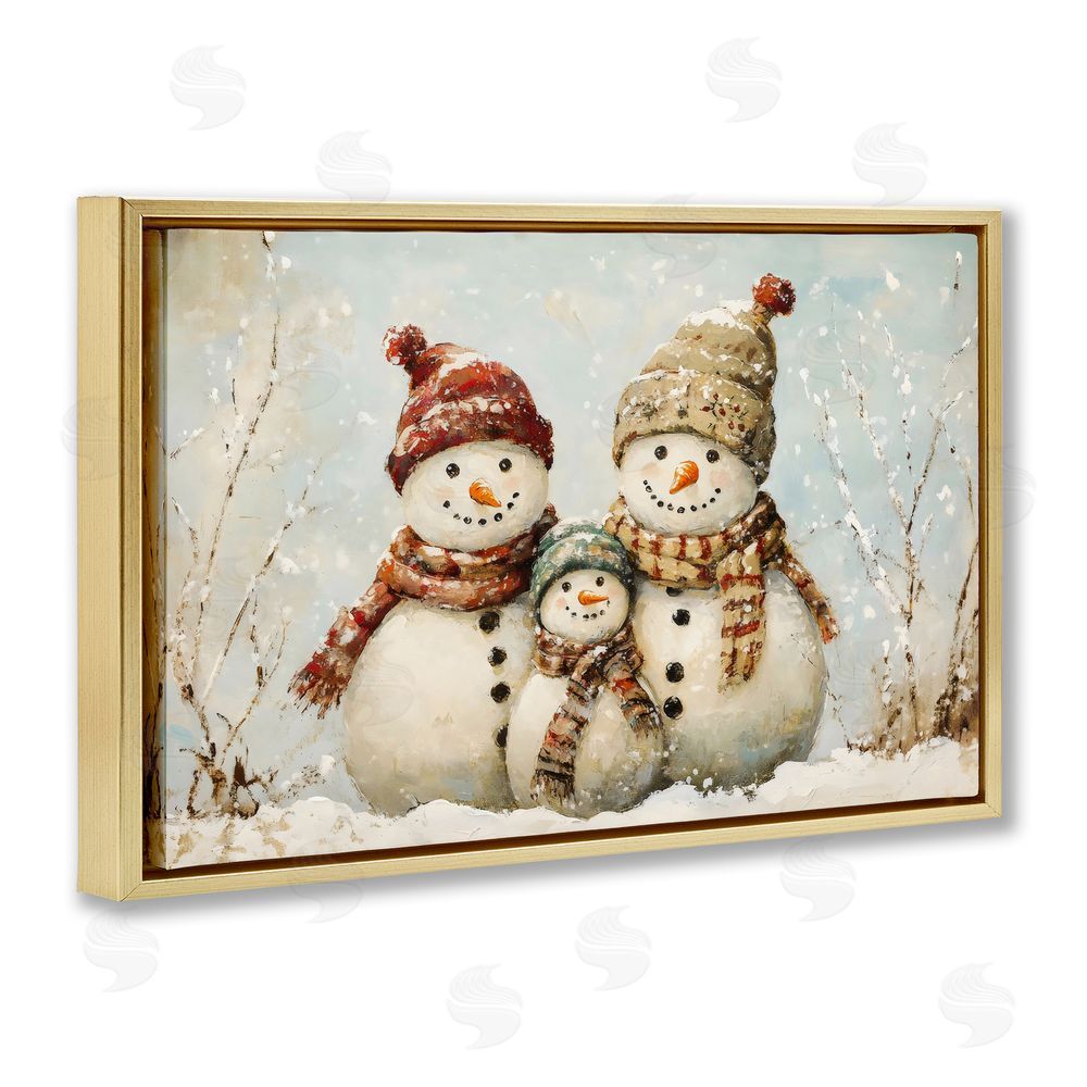 Petal Prints Design Snowman Family Of Three Gold Floating Frame Canvas Wall Art Print