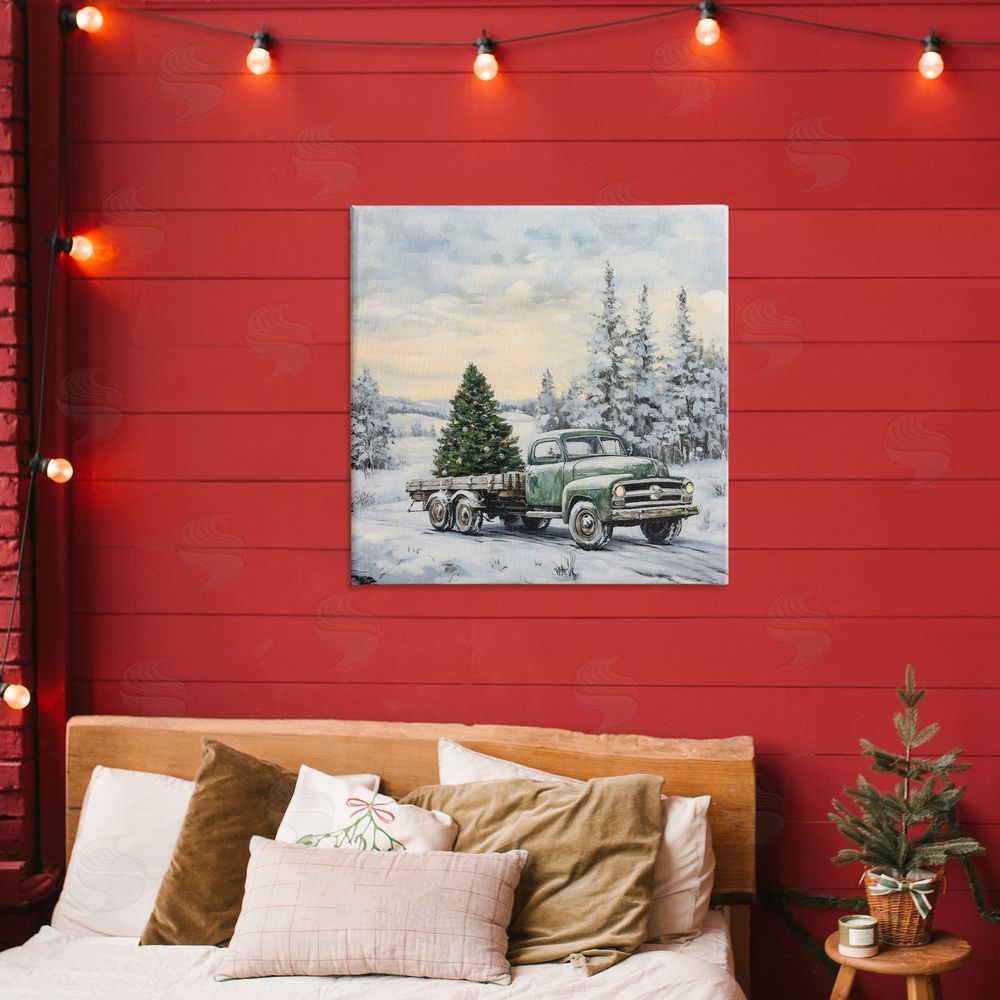 Petal Prints Design Green Christmas Tree Truck Stretched Canvas Wall Art Print in Room