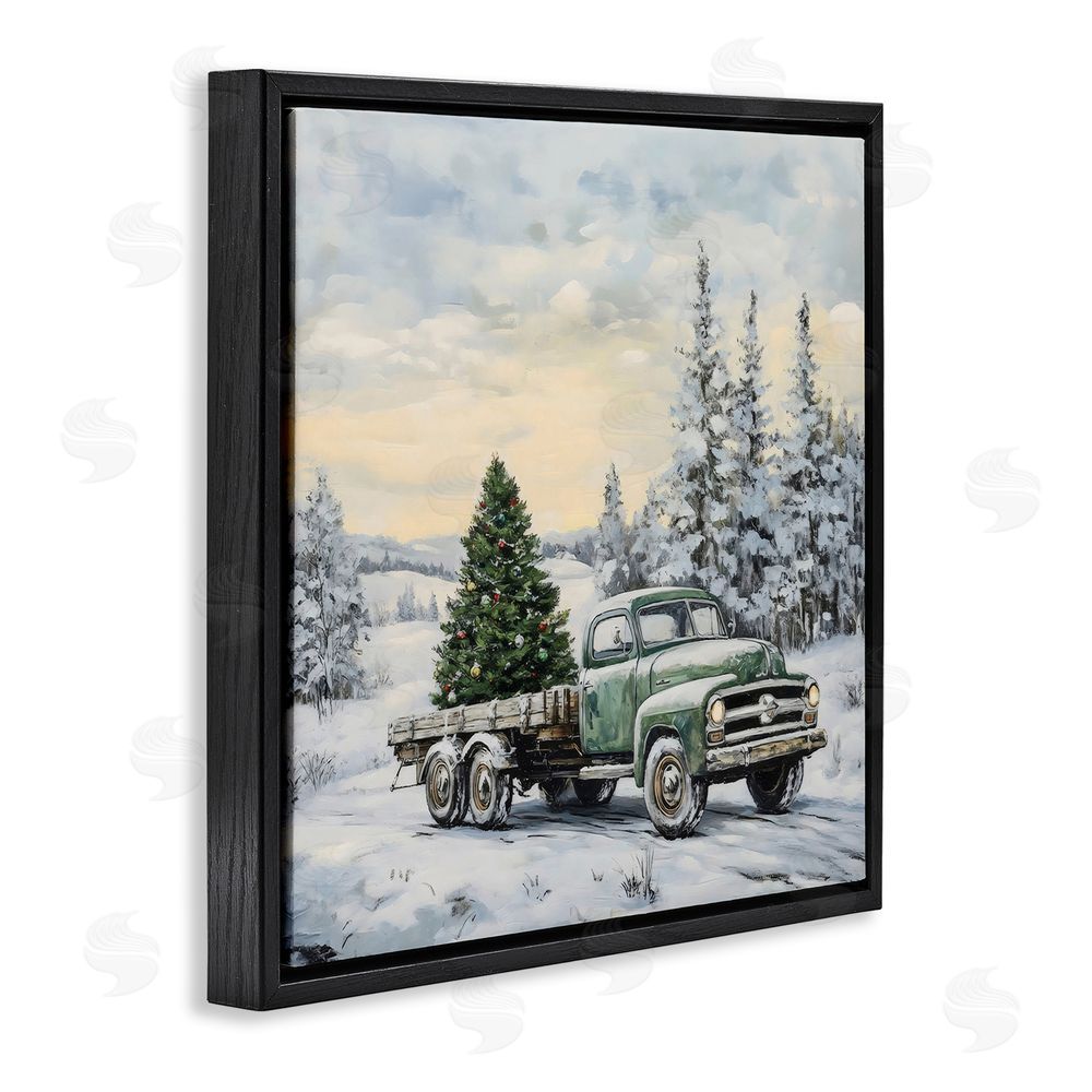 Petal Prints Design Green Christmas Tree Truck Black Floating Frame Canvas Wall Art Print