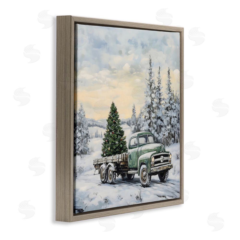 Petal Prints Design Green Christmas Tree Truck Brown Floating Frame Canvas Wall Art Print
