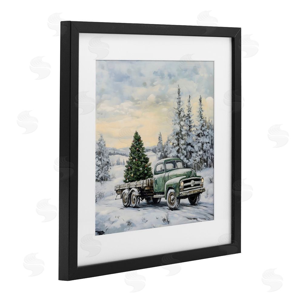 Petal Prints Design Green Christmas Tree Truck Black Framed Print Under Glass Wall Art