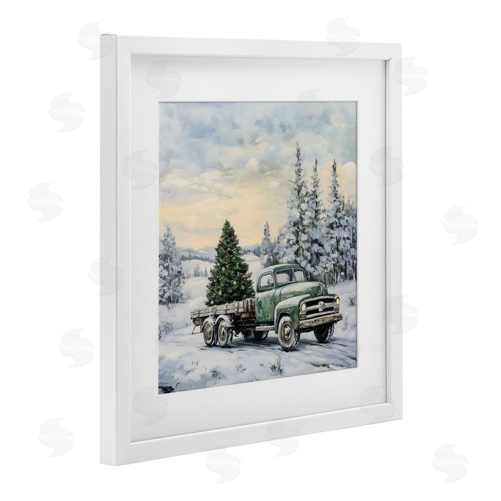 Petal Prints Design Green Christmas Tree Truck White Framed Print Under Glass Wall Art