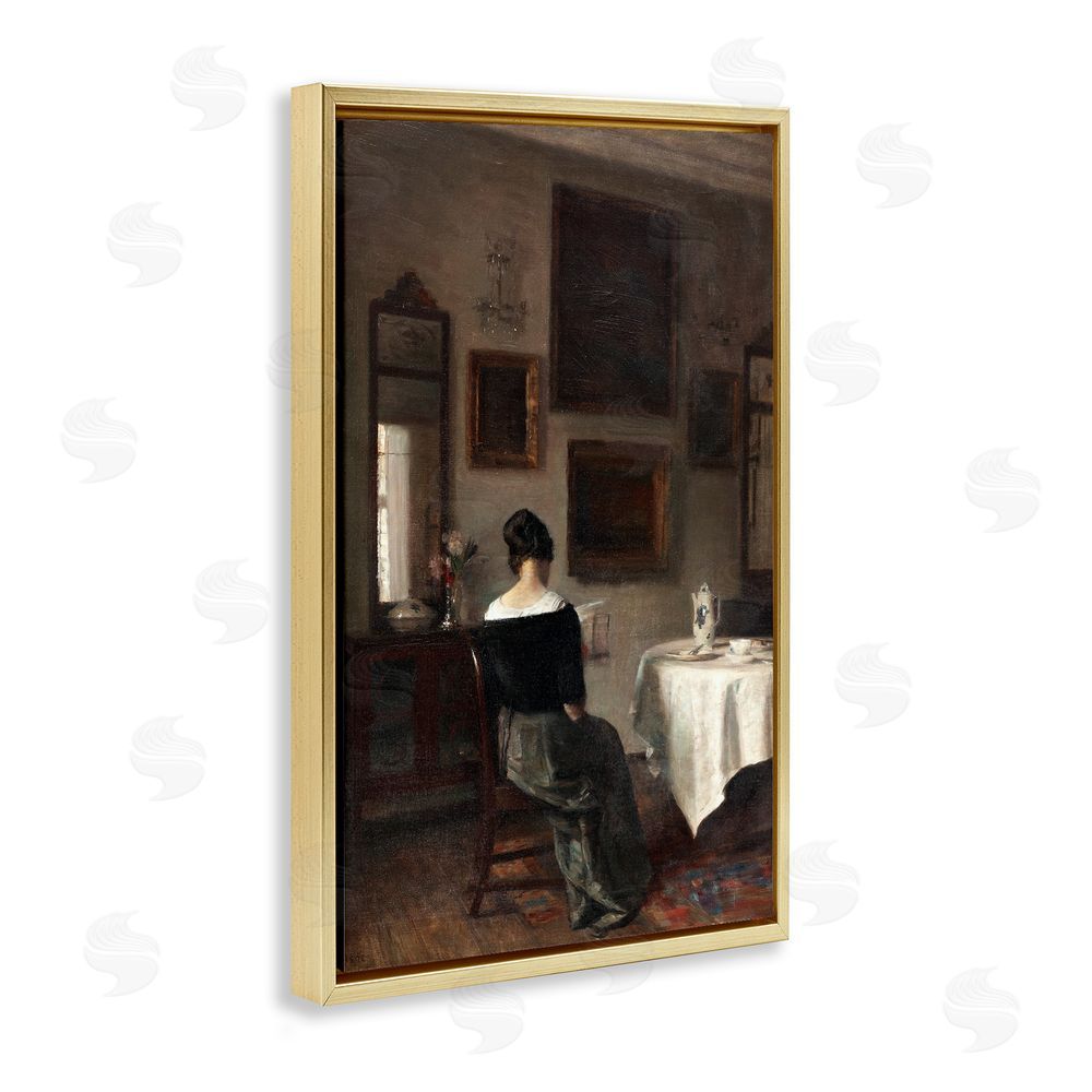 Vintage Hustle Afternoon's Daughter at Tea Time Gold Floating Frame Canvas Wall Art Print