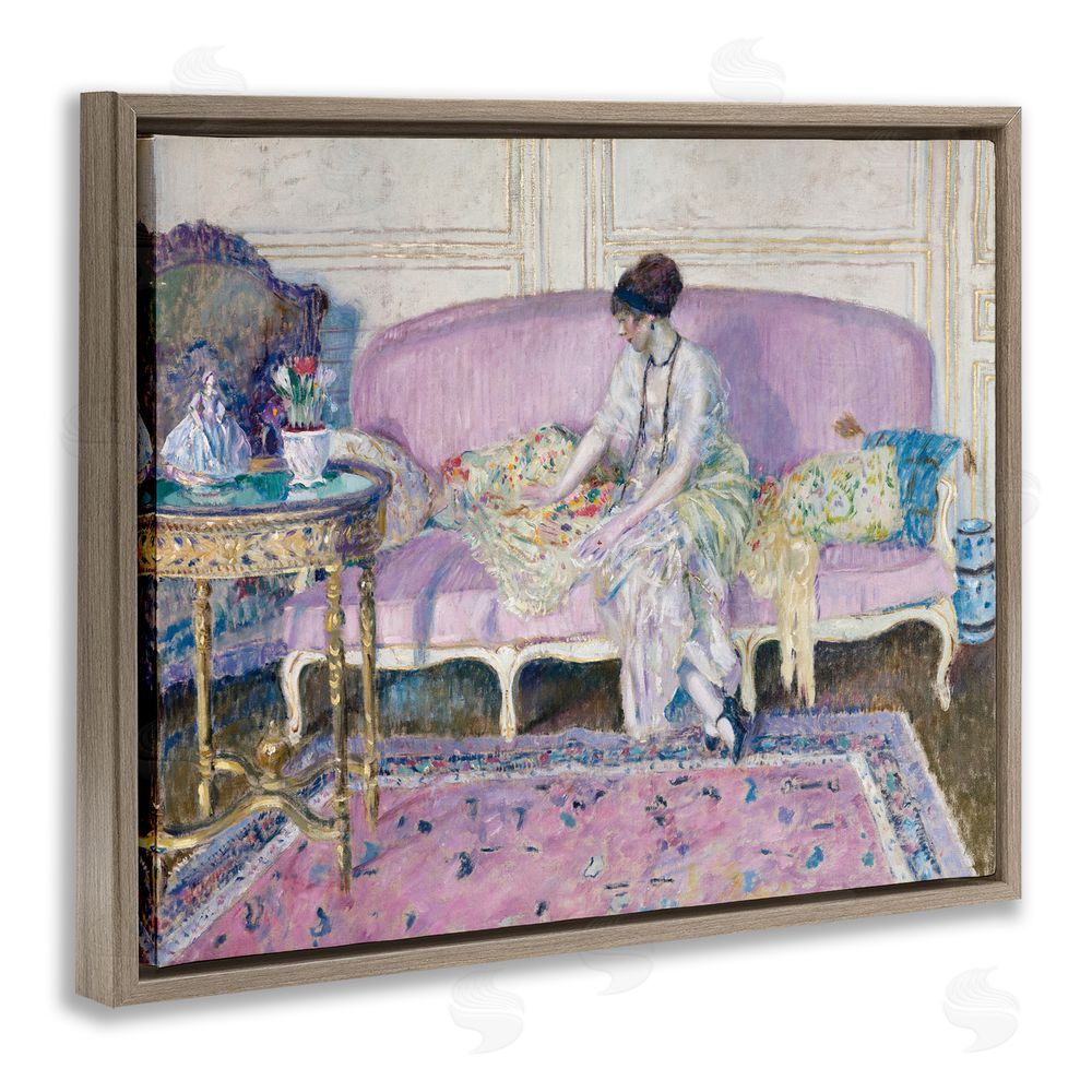 Wild Apple Portfolio Woman Seated on Sofa Brown Floating Frame Canvas Wall Art Print