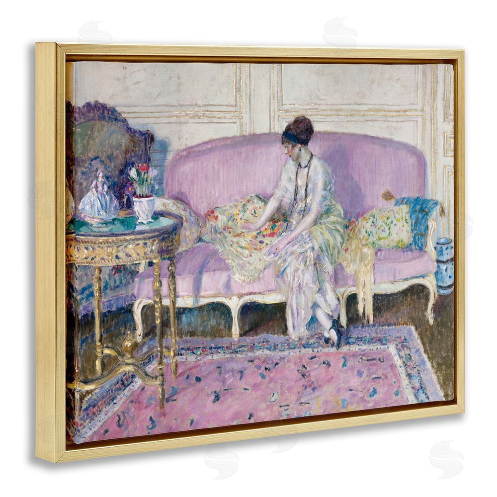 Wild Apple Portfolio Woman Seated on Sofa Gold Floating Frame Canvas Wall Art Print