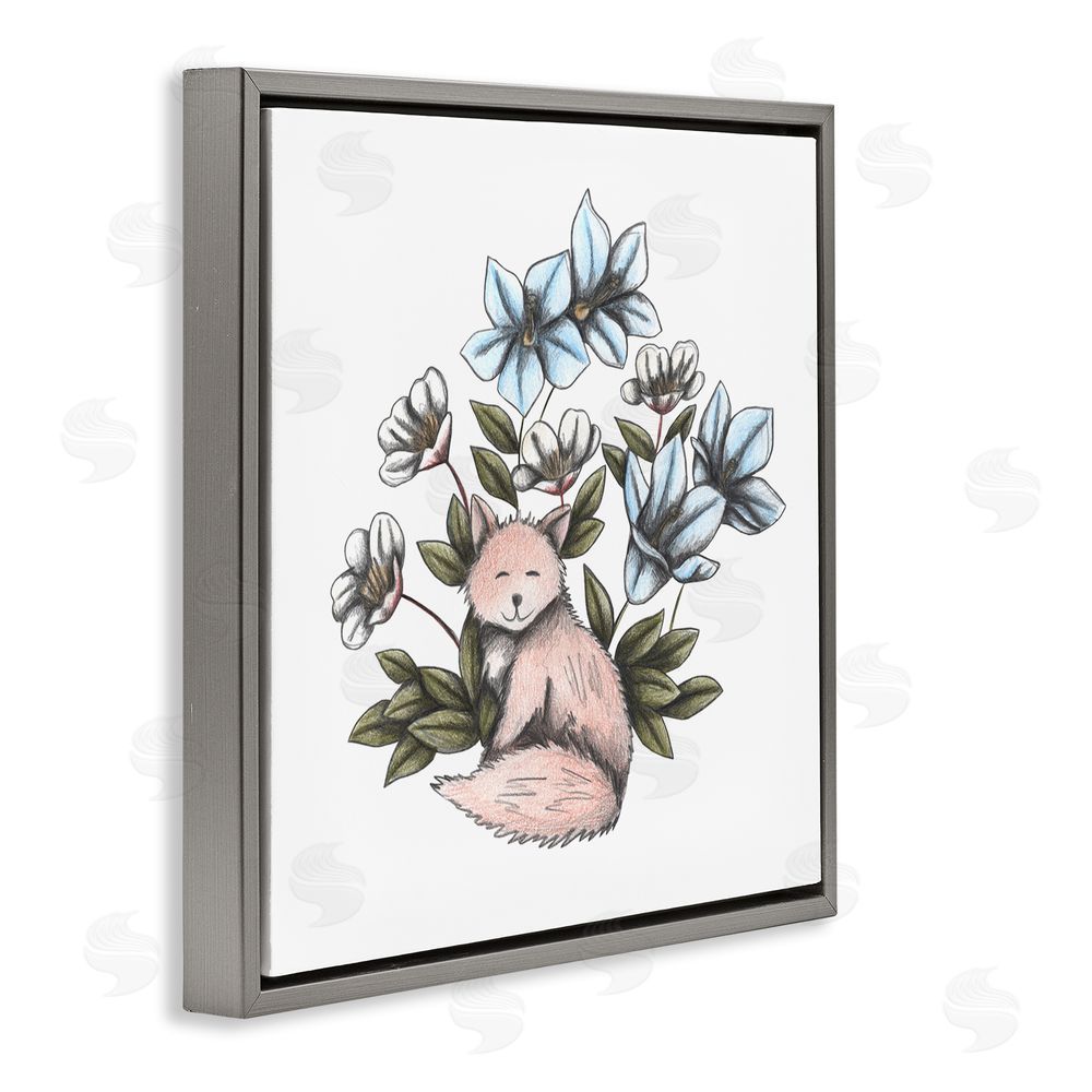 Cecilia Battaini Gentle Fox with Flowers Gray Floating Frame Canvas Wall Art Print