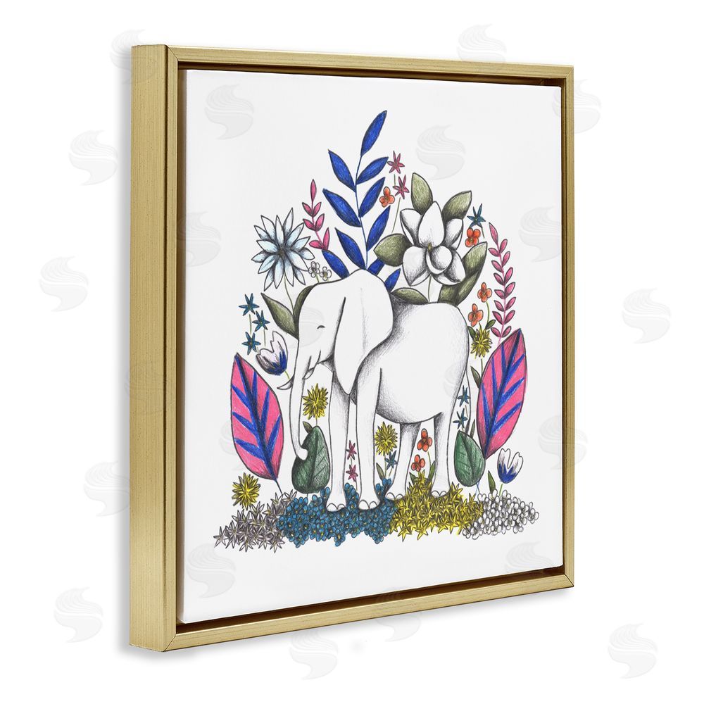 Cecilia Battaini Elephant in Midst of Flowers Gold Floating Frame Canvas Wall Art Print