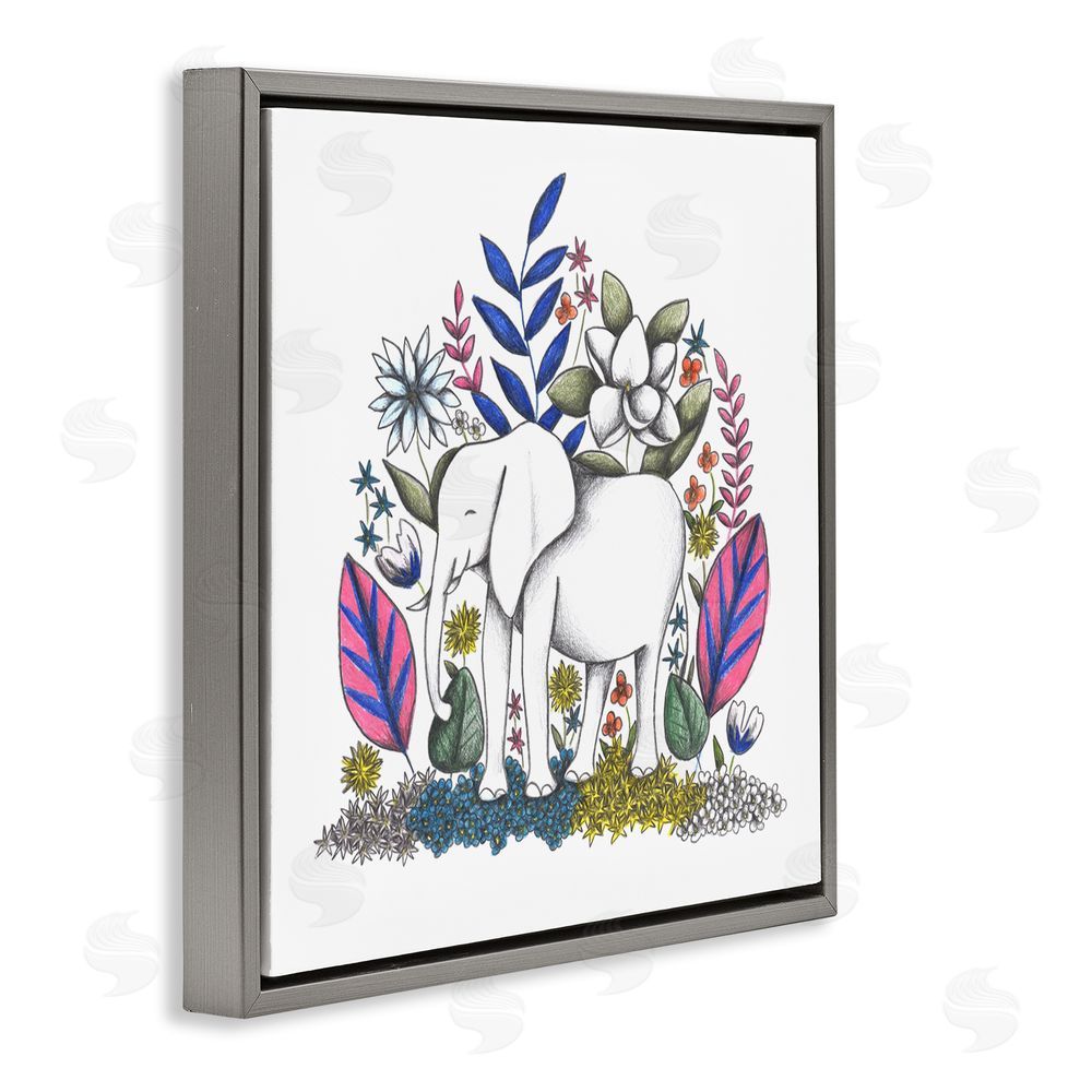 Cecilia Battaini Elephant in Midst of Flowers Gray Floating Frame Canvas Wall Art Print