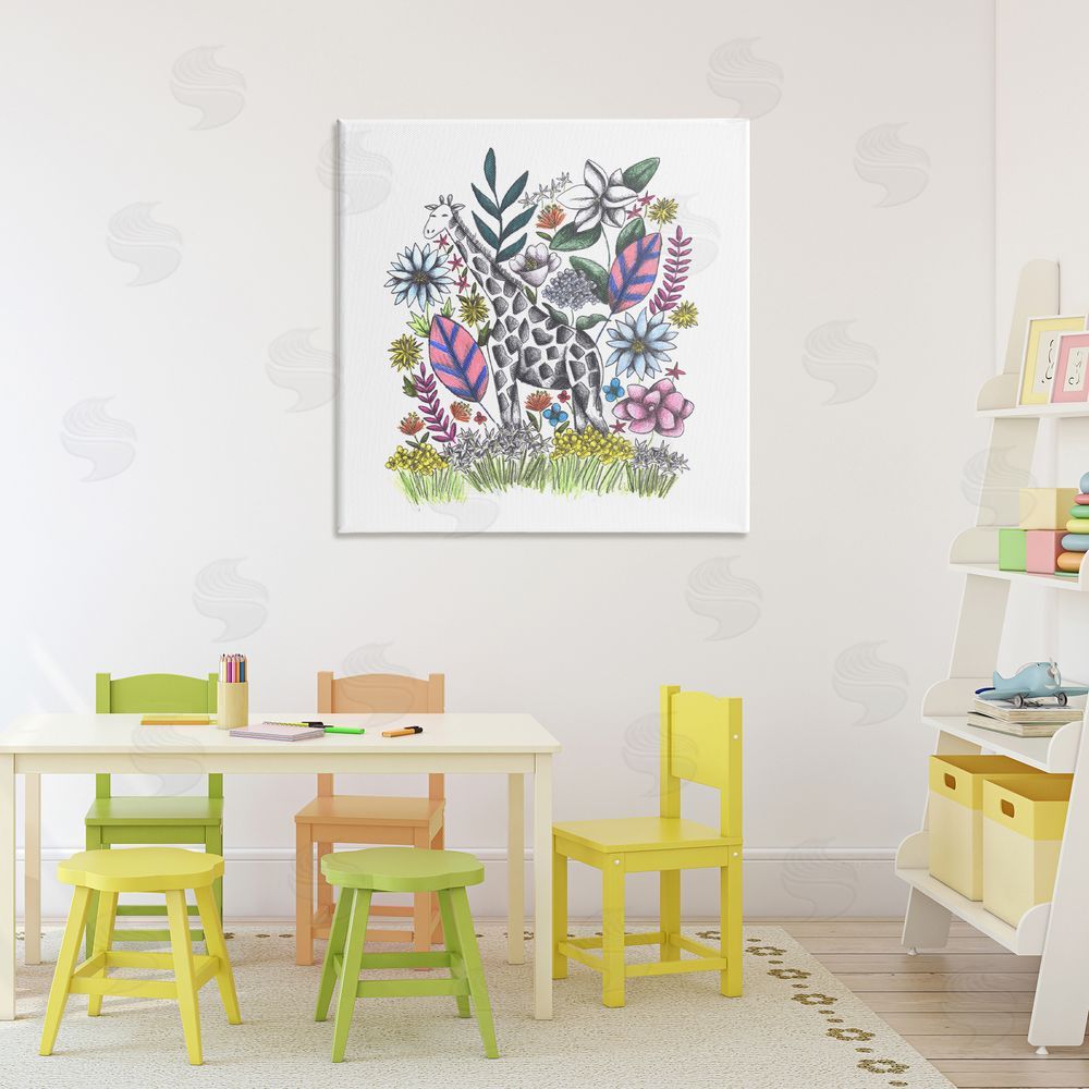 Cecilia Battaini Giraffe in Midst of Flowers Stretched Canvas Wall Art Print in Room