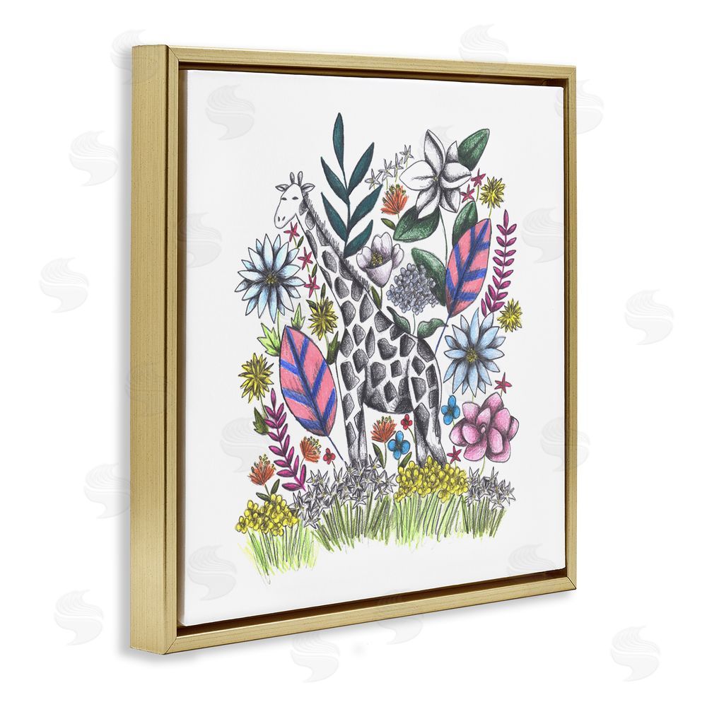 Cecilia Battaini Giraffe in Midst of Flowers Gold Floating Frame Canvas Wall Art Print