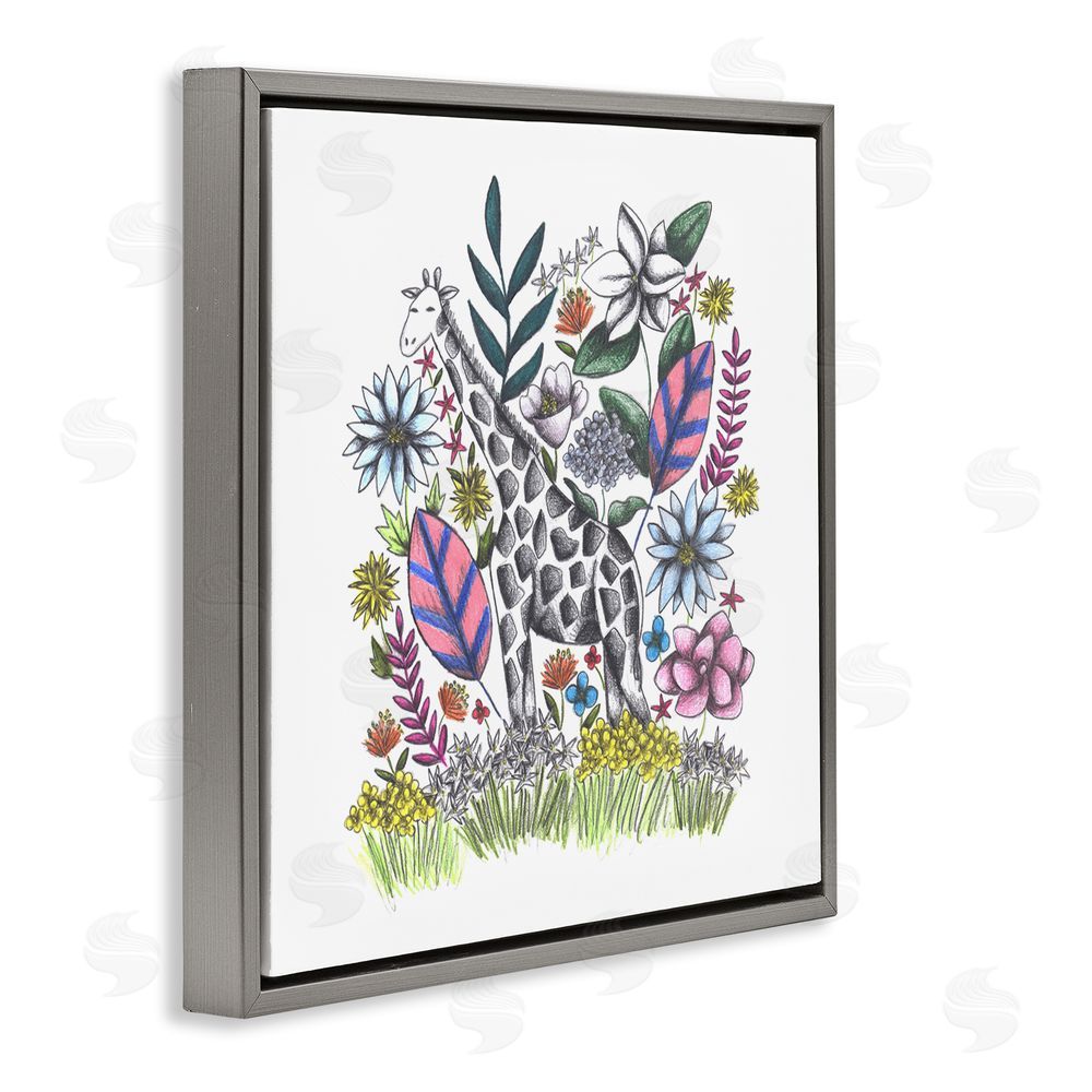 Cecilia Battaini Giraffe in Midst of Flowers Gray Floating Frame Canvas Wall Art Print