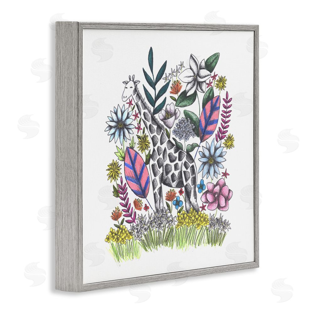 Cecilia Battaini Giraffe in Midst of Flowers Gray Framed Giclee Print Wall Art