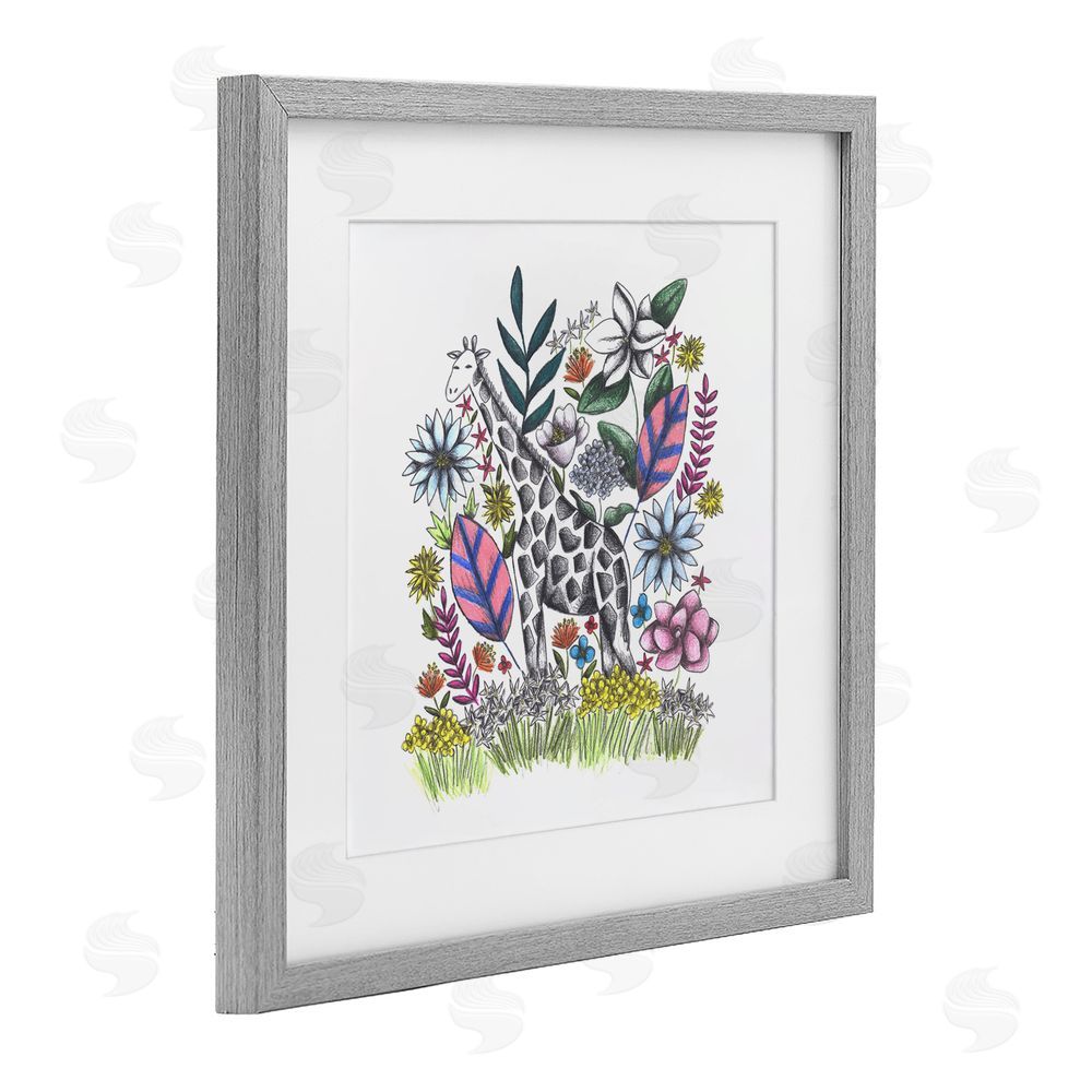 Cecilia Battaini Giraffe in Midst of Flowers Gray Framed Print Under Glass Wall Art