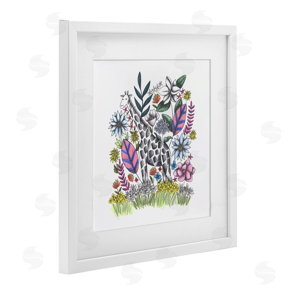 Cecilia Battaini Giraffe in Midst of Flowers White Framed Print Under Glass Wall Art