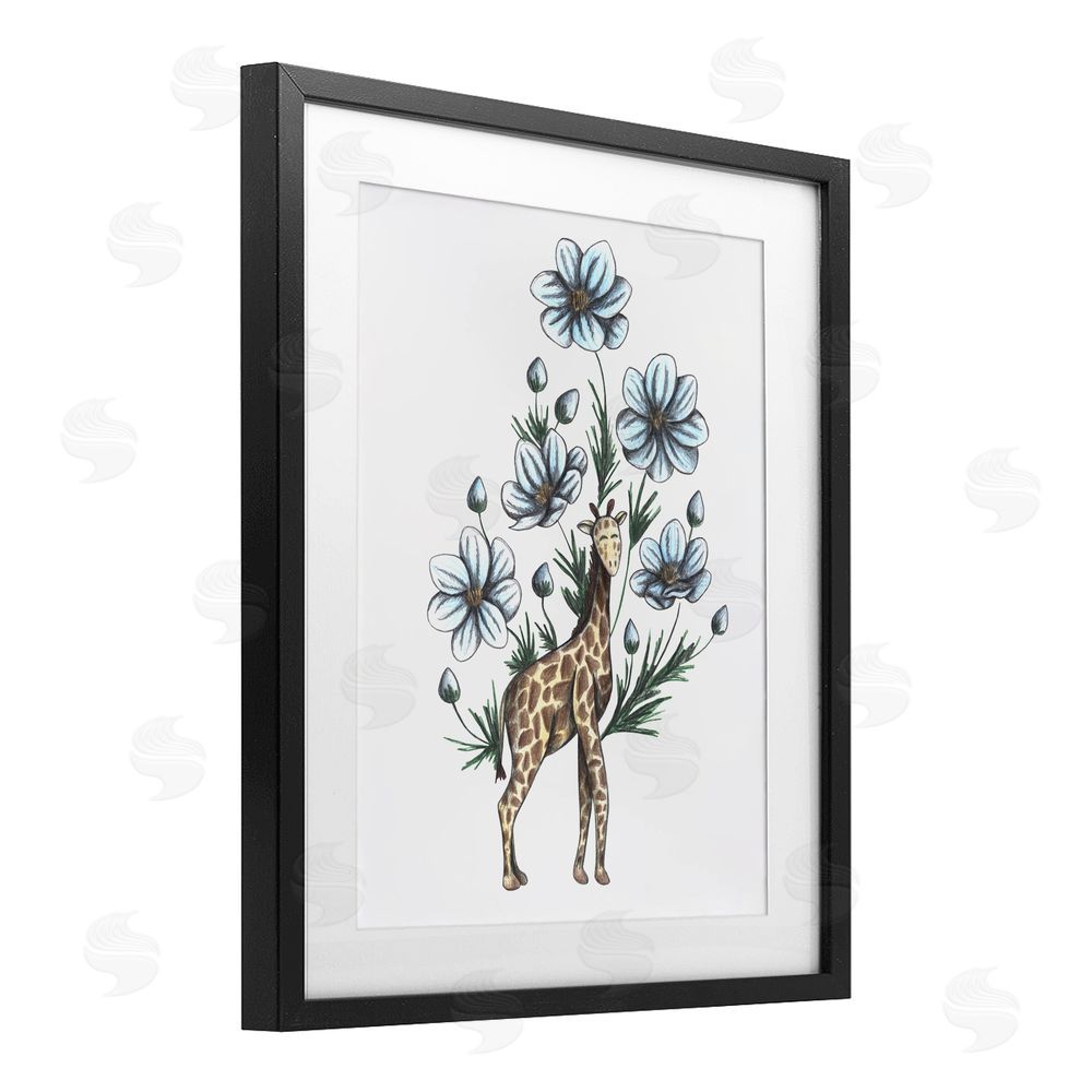 Cecilia Battaini Giraffe with Flower Blossoms Black Framed Print Under Glass Wall Art