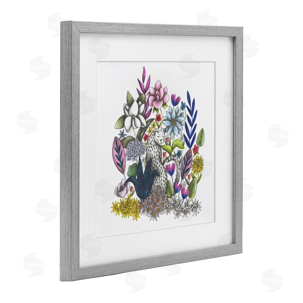 Cecilia Battaini Leopard in Midst of Flowers Gray Framed Print Under Glass Wall Art