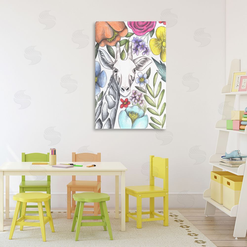 Cecilia Battaini Giraffe In The Midst of Flowers Stretched Canvas Wall Art Print in Room