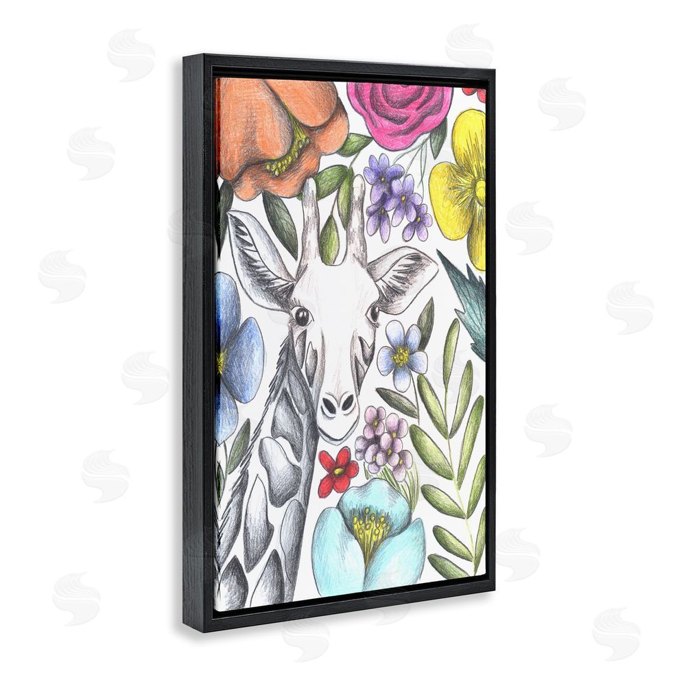 Cecilia Battaini Giraffe In The Midst of Flowers Black Floating Frame Canvas Wall Art Print