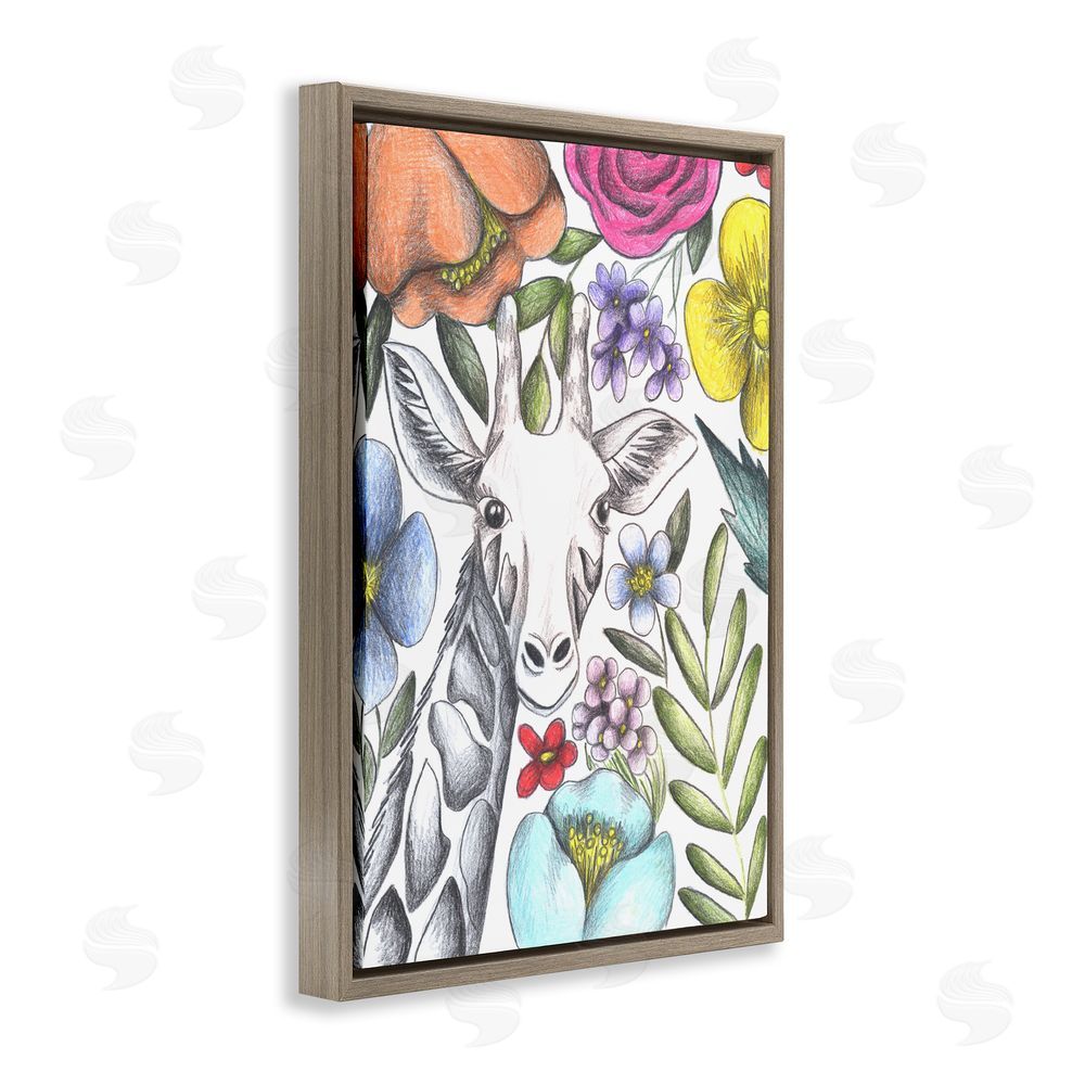 Cecilia Battaini Giraffe In The Midst of Flowers Brown Floating Frame Canvas Wall Art Print