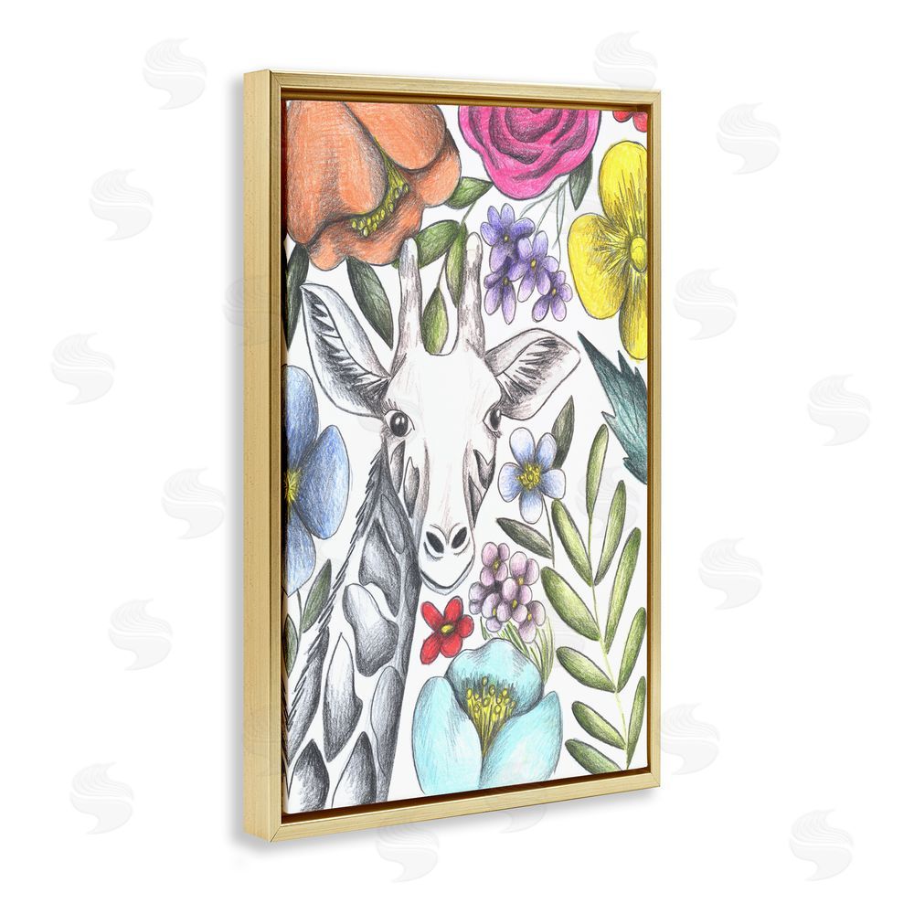 Cecilia Battaini Giraffe In The Midst of Flowers Gold Floating Frame Canvas Wall Art Print