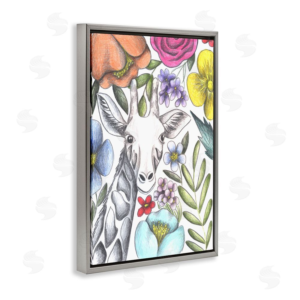 Cecilia Battaini Giraffe In The Midst of Flowers Gray Floating Frame Canvas Wall Art Print