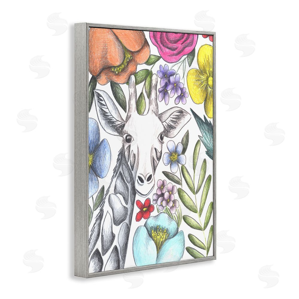 Cecilia Battaini Giraffe In The Midst of Flowers Gray Framed Giclee Print Wall Art