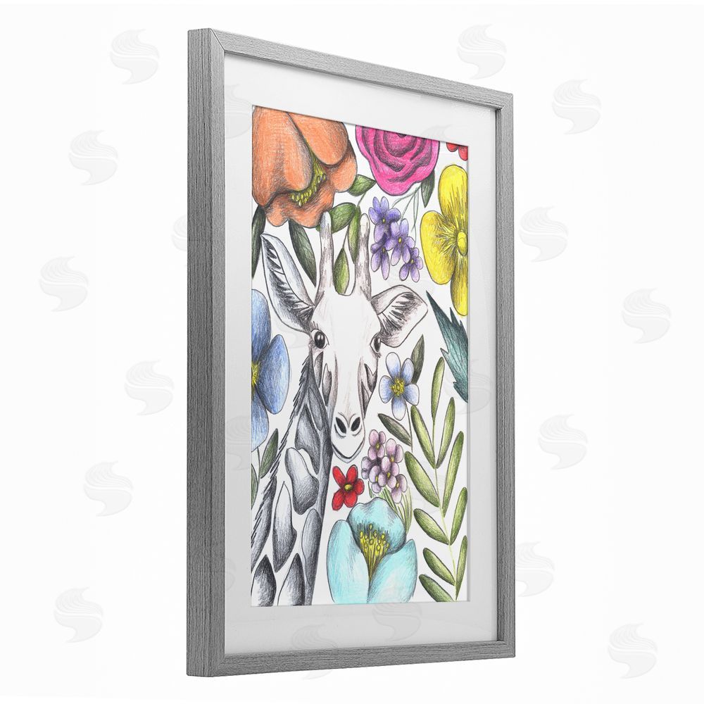 Cecilia Battaini Giraffe In The Midst of Flowers Gray Framed Print Under Glass Wall Art