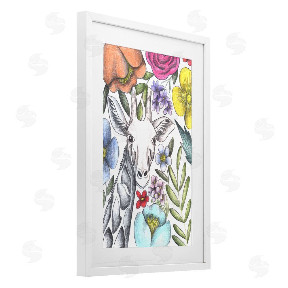 Cecilia Battaini Giraffe In The Midst of Flowers White Framed Print Under Glass Wall Art