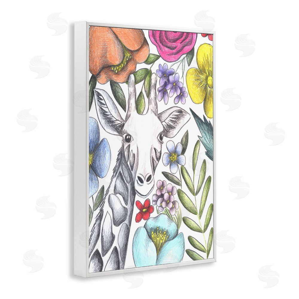Cecilia Battaini Giraffe In The Midst of Flowers White Framed Giclee Print Wall Art