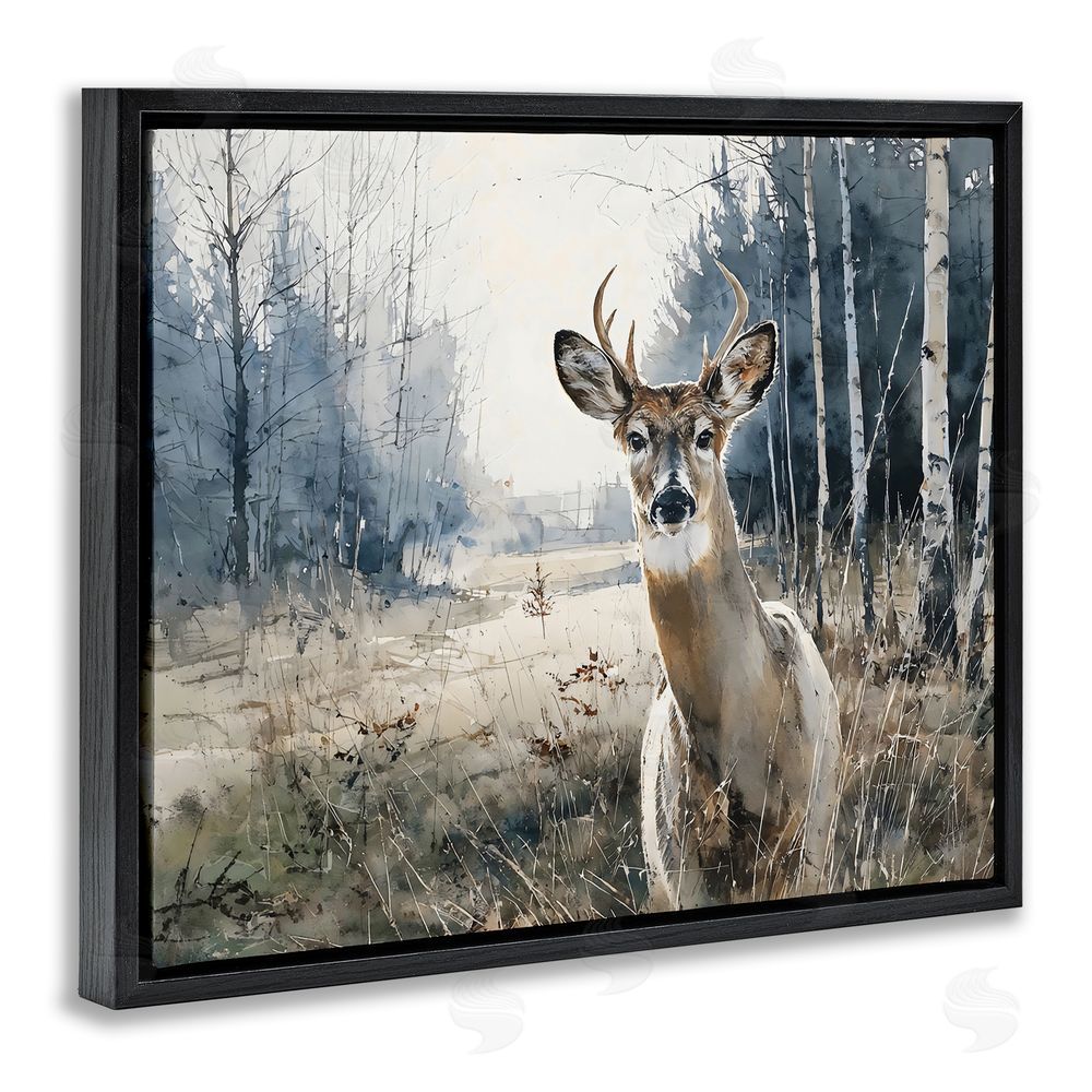 Franklyn Gregory Deer in Winter Wilderness Black Floating Frame Canvas Wall Art Print