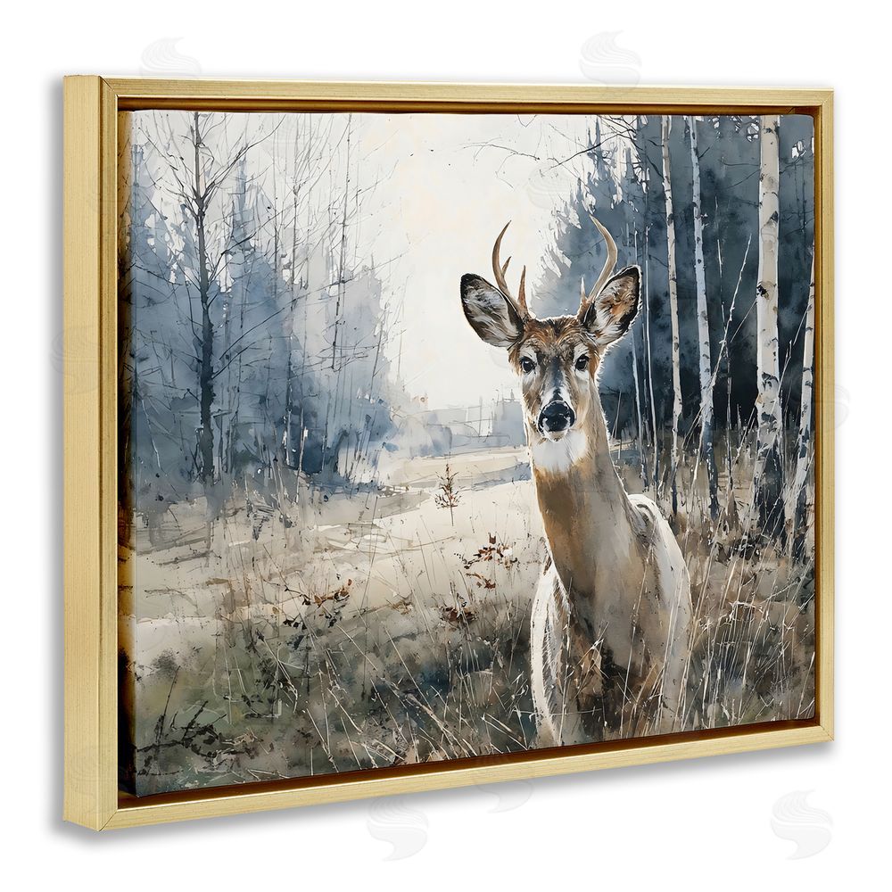Franklyn Gregory Deer in Winter Wilderness Gold Floating Frame Canvas Wall Art Print
