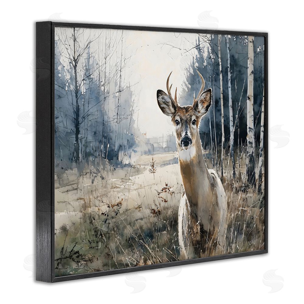 Franklyn Gregory Deer in Winter Wilderness Black Framed Giclee Wall Art Print