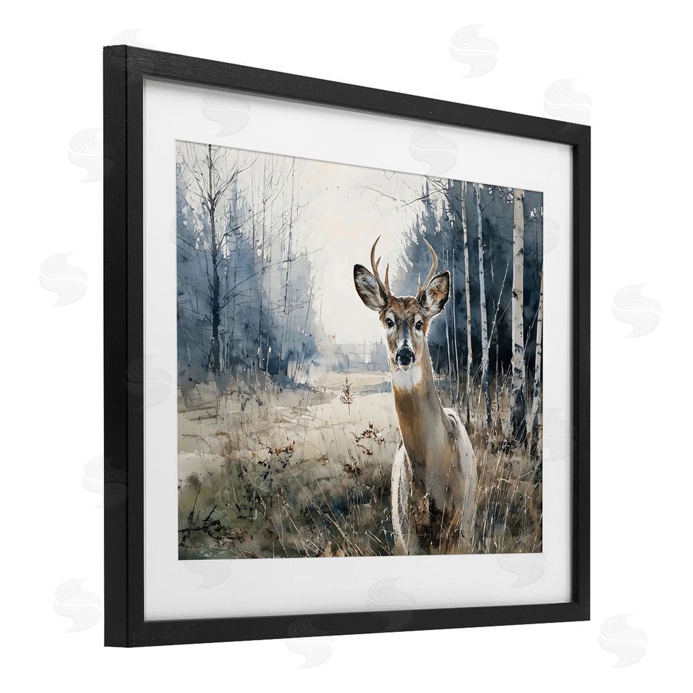 Franklyn Gregory Deer in Winter Wilderness Black Framed Print Under Glass Wall Art