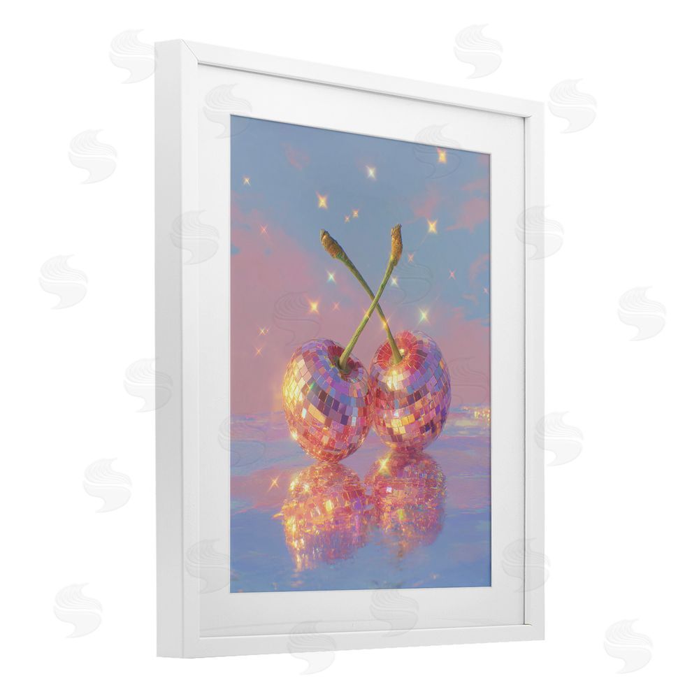 Ziwei Li Disco Cherry Reflection White Framed Print Under Glass Wall Art