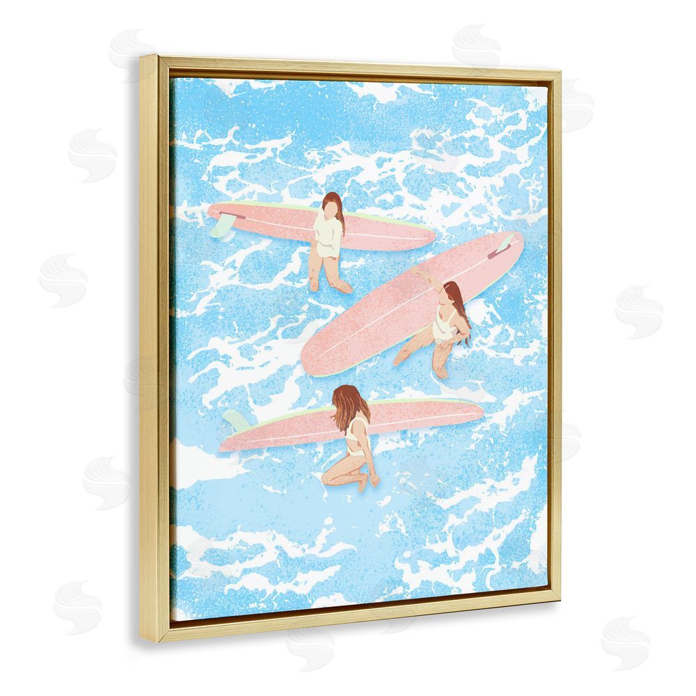 Ziwei Li Surfing Girls Trio Gold Floating Frame Canvas Wall Art Print