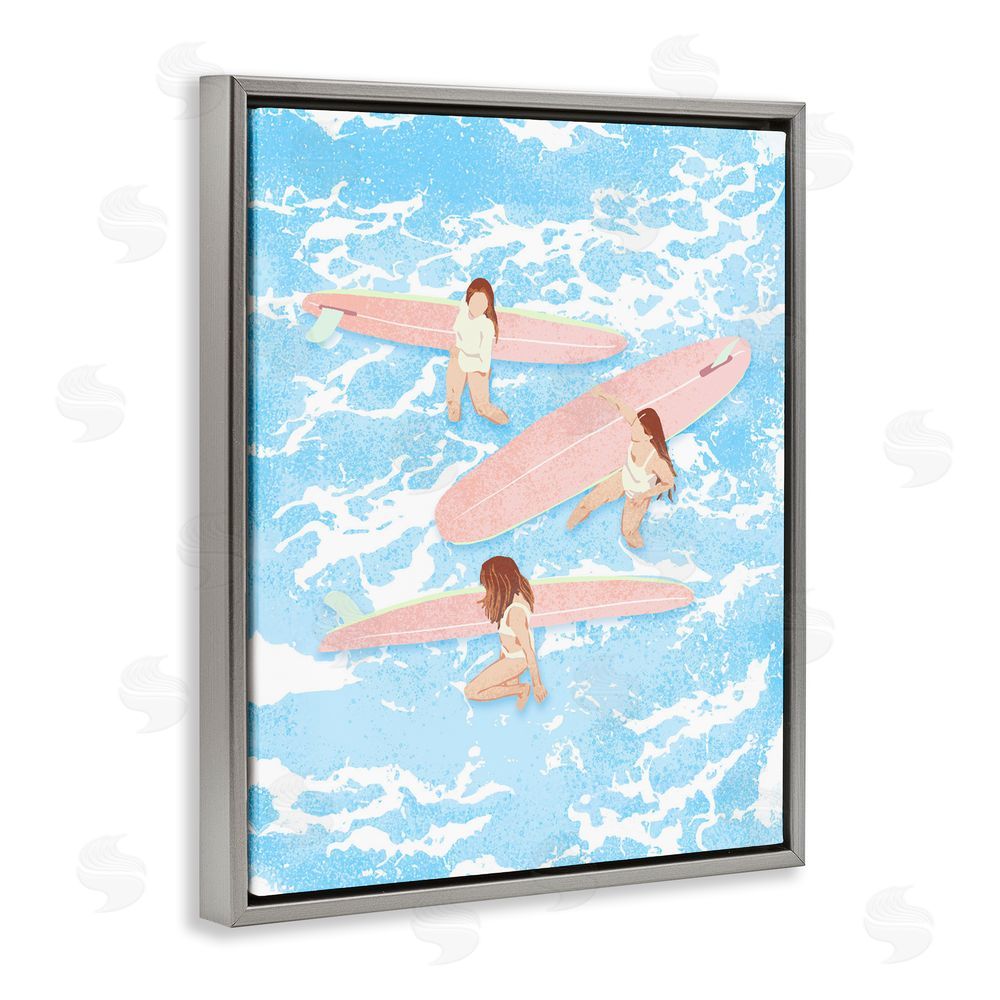 Ziwei Li Surfing Girls Trio Gray Floating Frame Canvas Wall Art Print