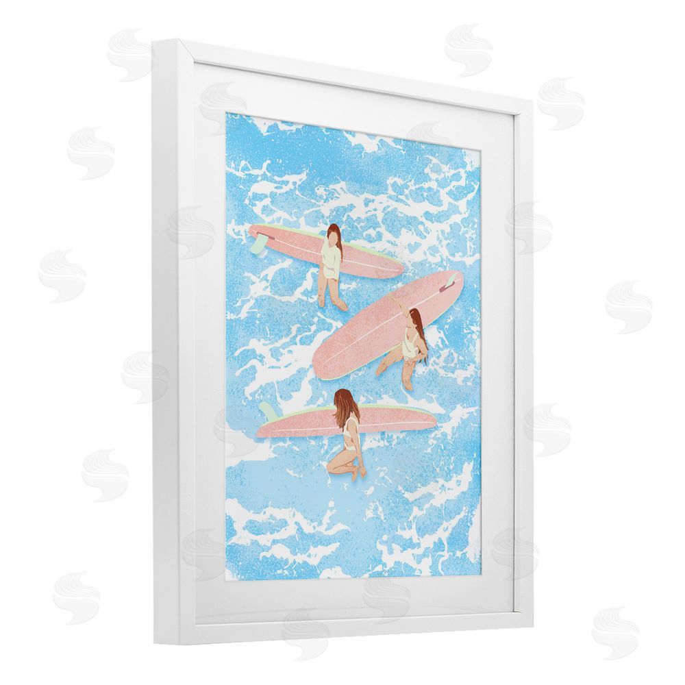 Ziwei Li Surfing Girls Trio White Framed Print Under Glass Wall Art