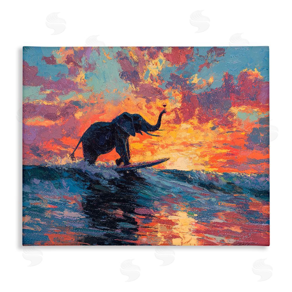 Ziwei Li Sunset Surf Elephant Stretched Canvas Wall Art Print
